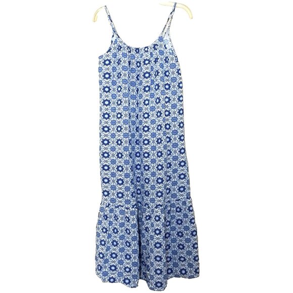 LOFT Sleeveless Strappy Flounce Maxi Dress Small Petite Blue White Tiled Linen - Picture 3 of 11